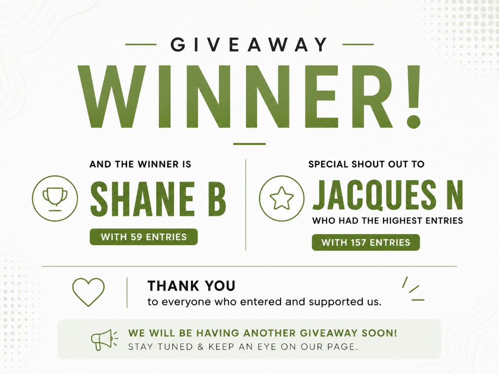 Giveaway winner announcement — Shane B won with 59 entries
